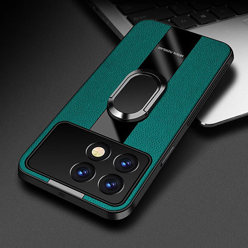 Soft Silicone Gel Leather Snap On Case Cover with Magnetic Finger Ring Stand PB3 for Xiaomi Redmi K70E 5G Green