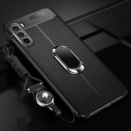 Soft Silicone Gel Leather Snap On Case Cover with Magnetic Finger Ring Stand S01 for Huawei Mate 40 Lite 5G Black