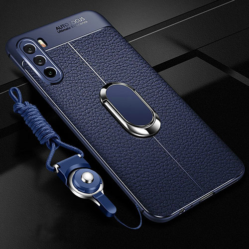 Soft Silicone Gel Leather Snap On Case Cover with Magnetic Finger Ring Stand S01 for Huawei Mate 40 Lite 5G Blue