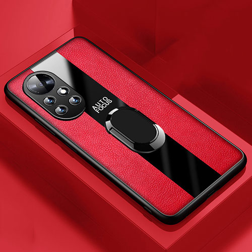 Soft Silicone Gel Leather Snap On Case Cover with Magnetic Finger Ring Stand S01 for Huawei Nova 8 Pro 5G Red