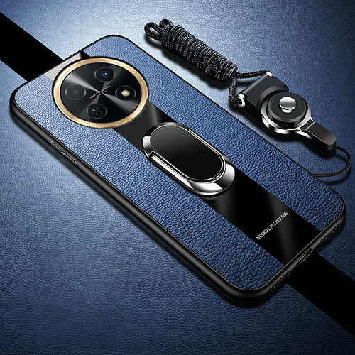 Soft Silicone Gel Leather Snap On Case Cover with Magnetic Finger Ring Stand S01 for Huawei Nova Y91 Blue