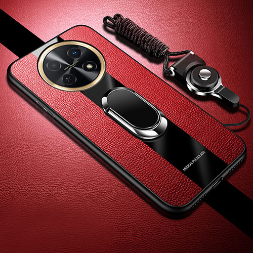 Soft Silicone Gel Leather Snap On Case Cover with Magnetic Finger Ring Stand S01 for Huawei Nova Y91 Red