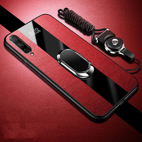 Soft Silicone Gel Leather Snap On Case Cover with Magnetic Finger Ring Stand S01 for Huawei P Smart Pro (2019) Red