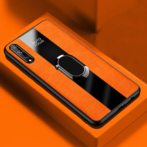 Soft Silicone Gel Leather Snap On Case Cover with Magnetic Finger Ring Stand S01 for Huawei P smart S Orange
