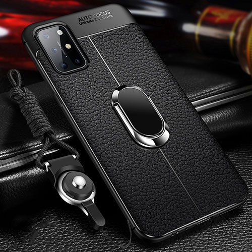 Soft Silicone Gel Leather Snap On Case Cover with Magnetic Finger Ring Stand S01 for OnePlus 8T 5G Black