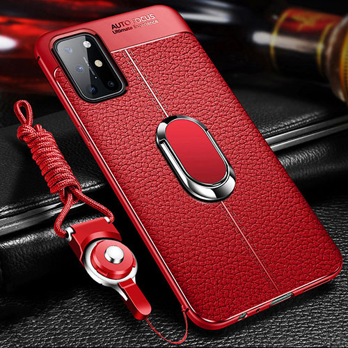 Soft Silicone Gel Leather Snap On Case Cover with Magnetic Finger Ring Stand S01 for OnePlus 8T 5G Red