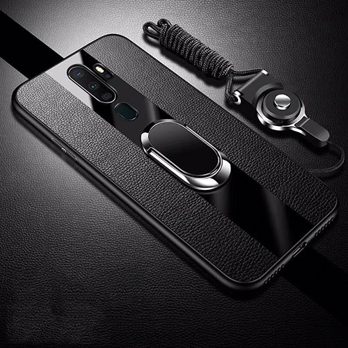 Soft Silicone Gel Leather Snap On Case Cover with Magnetic Finger Ring Stand S01 for Oppo A11 Black
