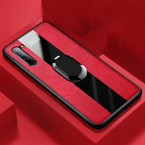 Soft Silicone Gel Leather Snap On Case Cover with Magnetic Finger Ring Stand S01 for Oppo F15 Red
