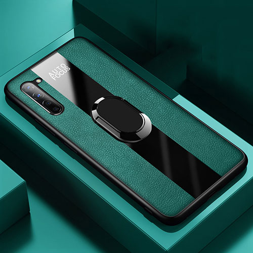 Soft Silicone Gel Leather Snap On Case Cover with Magnetic Finger Ring Stand S01 for Oppo Find X2 Lite Green