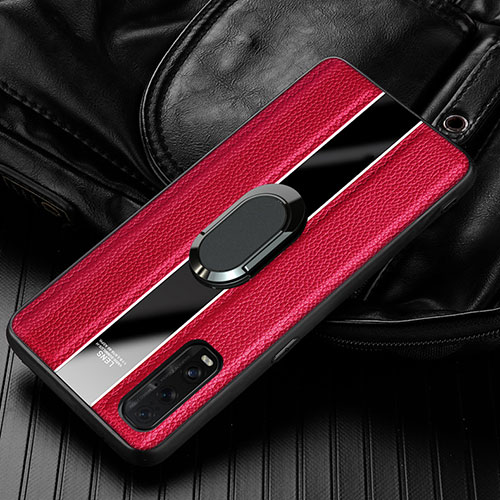 Soft Silicone Gel Leather Snap On Case Cover with Magnetic Finger Ring Stand S01 for Oppo Find X2 Red