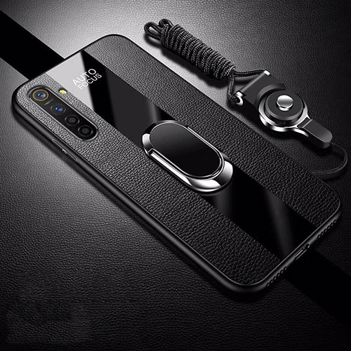 Soft Silicone Gel Leather Snap On Case Cover with Magnetic Finger Ring Stand S01 for Oppo K5 Black