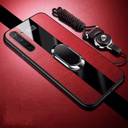 Soft Silicone Gel Leather Snap On Case Cover with Magnetic Finger Ring Stand S01 for Oppo K5 Red