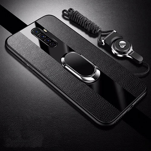 Soft Silicone Gel Leather Snap On Case Cover with Magnetic Finger Ring Stand S01 for Oppo Reno Ace Black