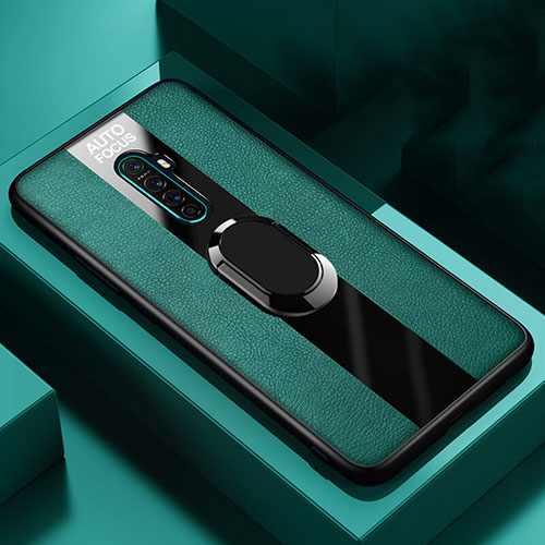 Soft Silicone Gel Leather Snap On Case Cover with Magnetic Finger Ring Stand S01 for Oppo Reno2 Green