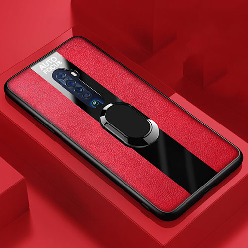 Soft Silicone Gel Leather Snap On Case Cover with Magnetic Finger Ring Stand S01 for Oppo Reno2 Red