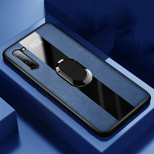 Soft Silicone Gel Leather Snap On Case Cover with Magnetic Finger Ring Stand S01 for Oppo Reno3 Blue