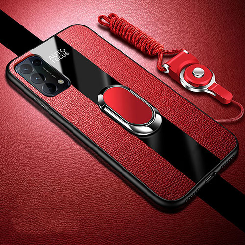 Soft Silicone Gel Leather Snap On Case Cover with Magnetic Finger Ring Stand S01 for Oppo Reno5 Pro 5G Red