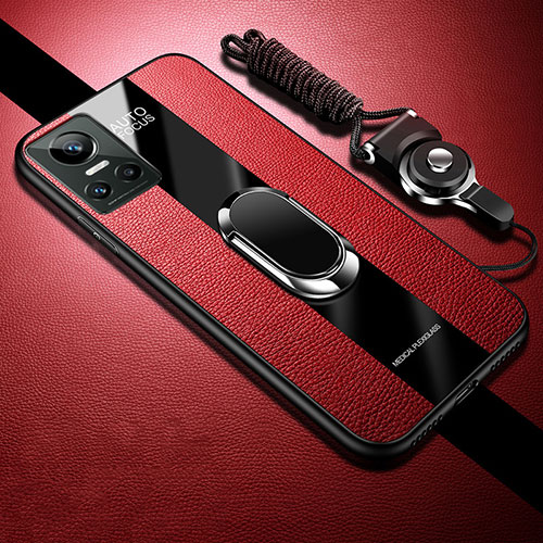 Soft Silicone Gel Leather Snap On Case Cover with Magnetic Finger Ring Stand S01 for Realme GT Neo3 5G Red