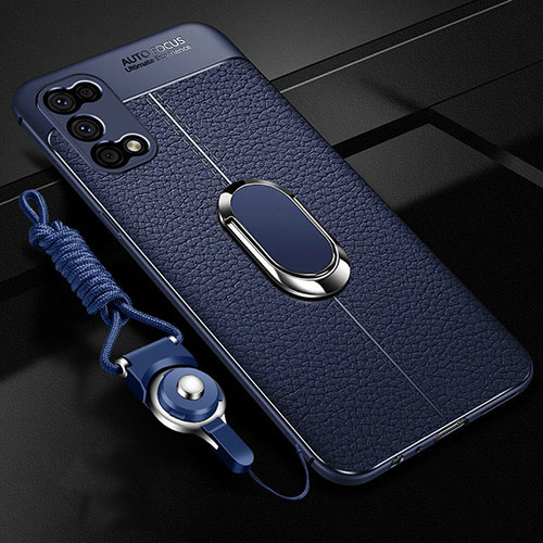 Soft Silicone Gel Leather Snap On Case Cover with Magnetic Finger Ring Stand S01 for Realme Narzo 30 Pro 5G Blue