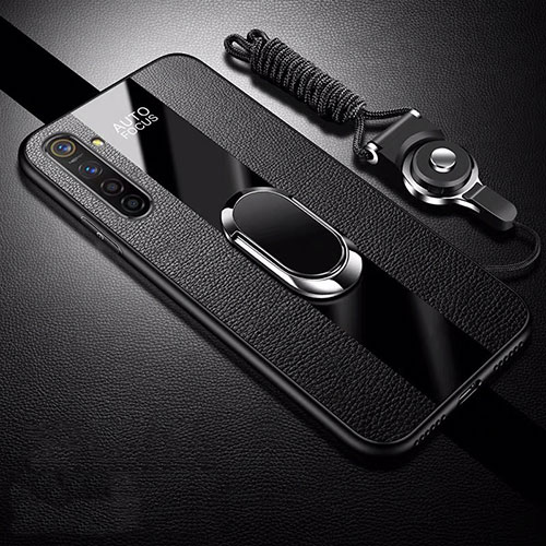 Soft Silicone Gel Leather Snap On Case Cover with Magnetic Finger Ring Stand S01 for Realme XT Black