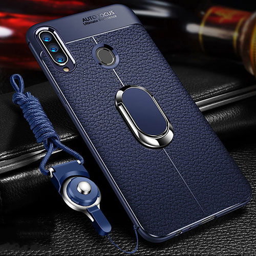 Soft Silicone Gel Leather Snap On Case Cover with Magnetic Finger Ring Stand S01 for Samsung Galaxy A20s Blue