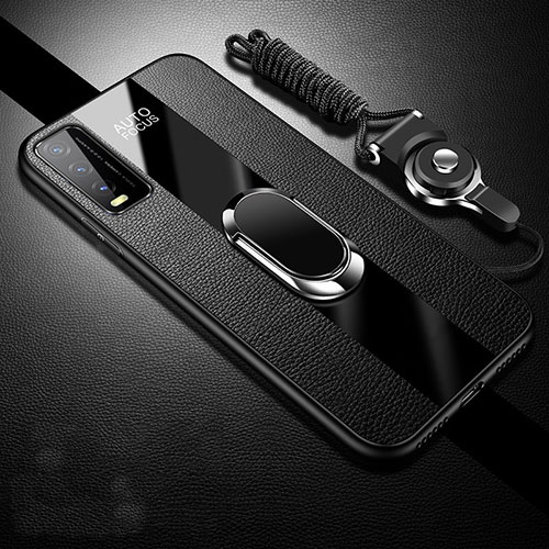 Soft Silicone Gel Leather Snap On Case Cover with Magnetic Finger Ring Stand S01 for Vivo Y20s Black