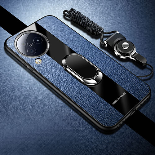 Soft Silicone Gel Leather Snap On Case Cover with Magnetic Finger Ring Stand S01 for Xiaomi Civi 3 5G Blue