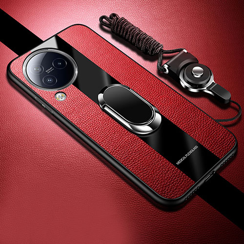 Soft Silicone Gel Leather Snap On Case Cover with Magnetic Finger Ring Stand S01 for Xiaomi Civi 3 5G Red