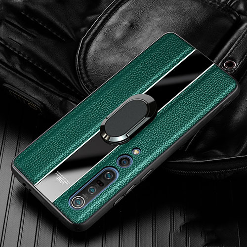 Soft Silicone Gel Leather Snap On Case Cover with Magnetic Finger Ring Stand S01 for Xiaomi Mi 10 Pro Green