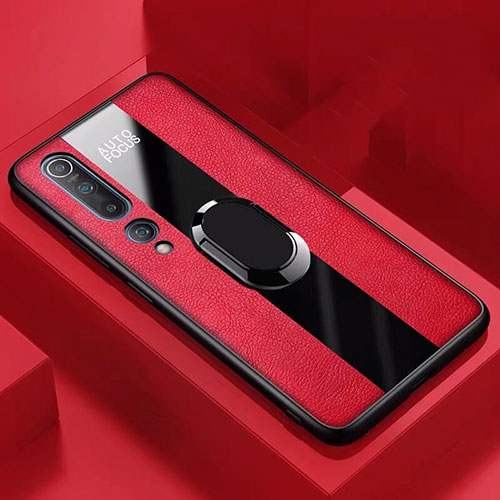 Soft Silicone Gel Leather Snap On Case Cover with Magnetic Finger Ring Stand S01 for Xiaomi Mi 10 Red