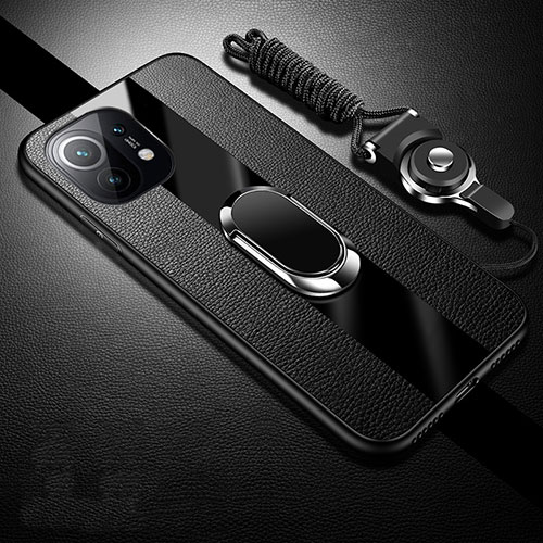 Soft Silicone Gel Leather Snap On Case Cover with Magnetic Finger Ring Stand S01 for Xiaomi Mi 11 5G Black