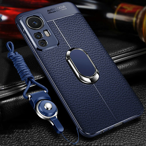 Soft Silicone Gel Leather Snap On Case Cover with Magnetic Finger Ring Stand S01 for Xiaomi Mi 12T Pro 5G Blue