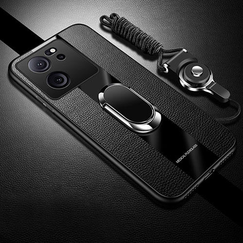 Soft Silicone Gel Leather Snap On Case Cover with Magnetic Finger Ring Stand S01 for Xiaomi Mi 13T Pro 5G Black