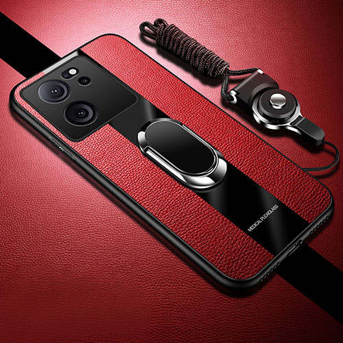 Soft Silicone Gel Leather Snap On Case Cover with Magnetic Finger Ring Stand S01 for Xiaomi Mi 13T Pro 5G Red