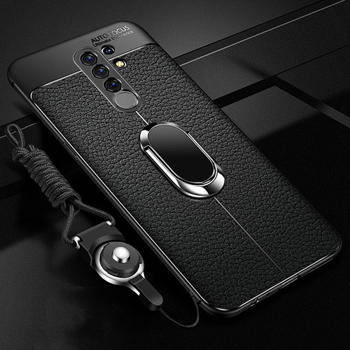 Soft Silicone Gel Leather Snap On Case Cover with Magnetic Finger Ring Stand S01 for Xiaomi Poco M2 Black