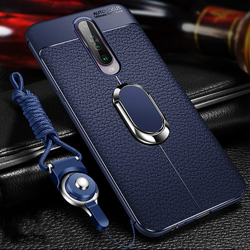 Soft Silicone Gel Leather Snap On Case Cover with Magnetic Finger Ring Stand S01 for Xiaomi Redmi K30i 5G Blue