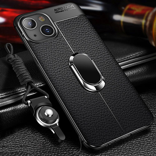 Soft Silicone Gel Leather Snap On Case Cover with Magnetic Finger Ring Stand S02 for Apple iPhone 14 Black