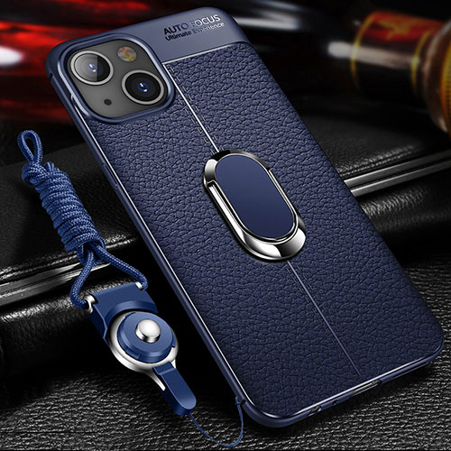 Soft Silicone Gel Leather Snap On Case Cover with Magnetic Finger Ring Stand S02 for Apple iPhone 15 Blue