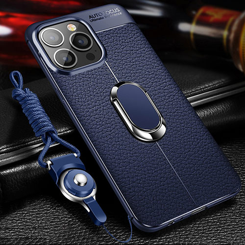 Soft Silicone Gel Leather Snap On Case Cover with Magnetic Finger Ring Stand S02 for Apple iPhone 15 Pro Blue