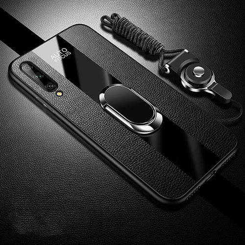 Soft Silicone Gel Leather Snap On Case Cover with Magnetic Finger Ring Stand S02 for Huawei Enjoy 10S Black