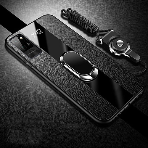 Soft Silicone Gel Leather Snap On Case Cover with Magnetic Finger Ring Stand S02 for Huawei Honor Play4 Pro 5G Black