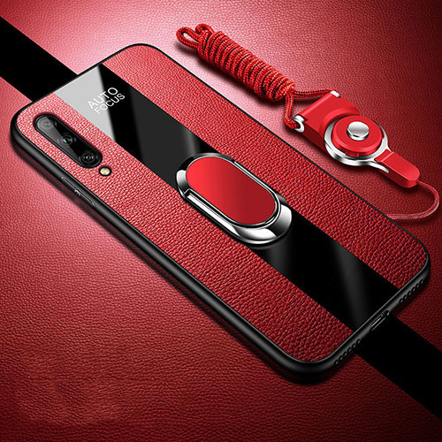 Soft Silicone Gel Leather Snap On Case Cover with Magnetic Finger Ring Stand S02 for Huawei P smart S Red