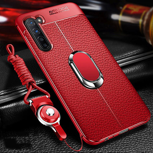 Soft Silicone Gel Leather Snap On Case Cover with Magnetic Finger Ring Stand S02 for Oppo F15 Red