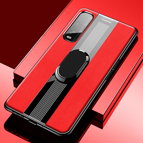 Soft Silicone Gel Leather Snap On Case Cover with Magnetic Finger Ring Stand S02 for Oppo Find X2 Red