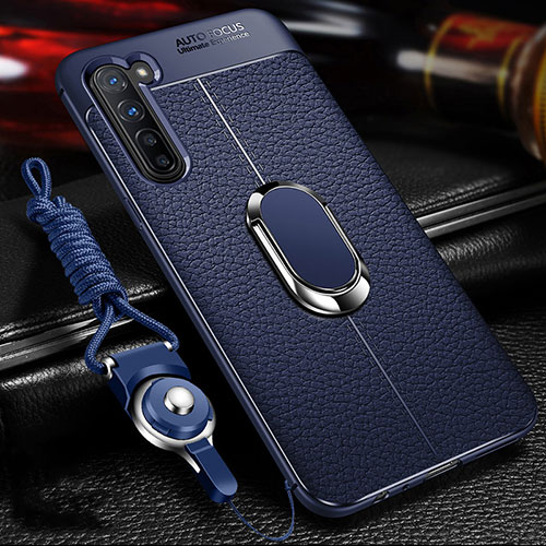 Soft Silicone Gel Leather Snap On Case Cover with Magnetic Finger Ring Stand S02 for Oppo Reno3 Blue