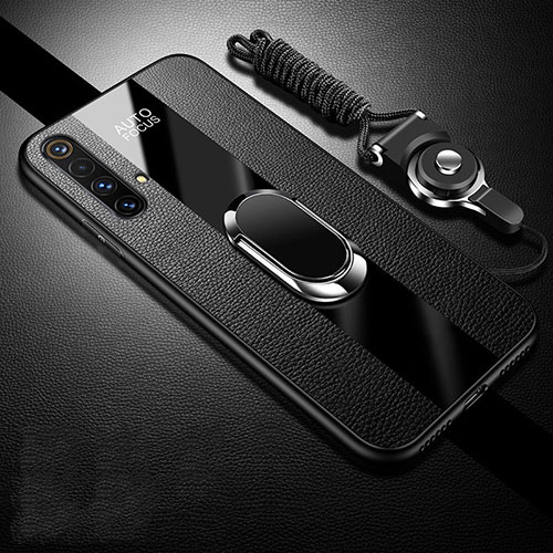 Soft Silicone Gel Leather Snap On Case Cover with Magnetic Finger Ring Stand S02 for Realme X50t 5G Black