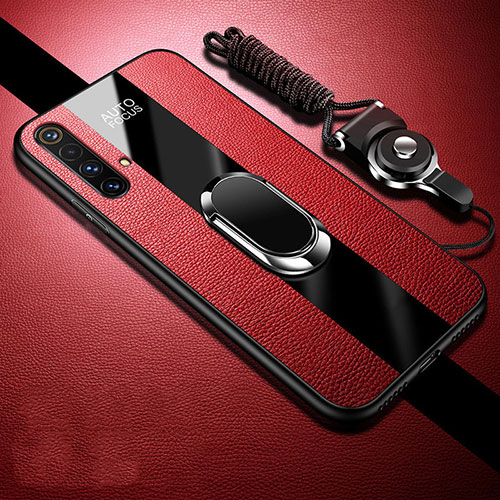 Soft Silicone Gel Leather Snap On Case Cover with Magnetic Finger Ring Stand S02 for Realme X50t 5G Red