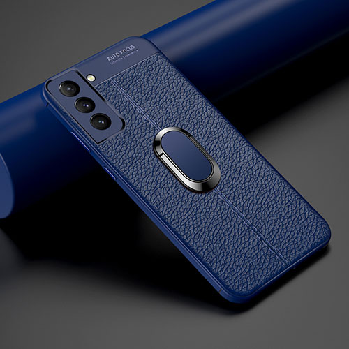 Soft Silicone Gel Leather Snap On Case Cover with Magnetic Finger Ring Stand S02 for Samsung Galaxy S22 Plus 5G Blue