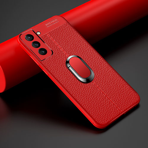 Soft Silicone Gel Leather Snap On Case Cover with Magnetic Finger Ring Stand S02 for Samsung Galaxy S22 Plus 5G Red