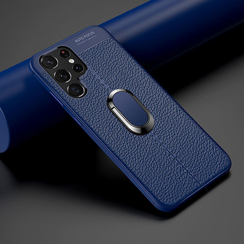 Soft Silicone Gel Leather Snap On Case Cover with Magnetic Finger Ring Stand S02 for Samsung Galaxy S23 Ultra 5G Blue